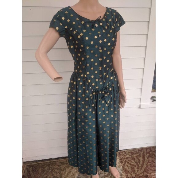 50s Dark Green Gold Polka Dot Dress Vintage Shirley Lee S M 36 28 New Old Stock - Picture 3 of 10